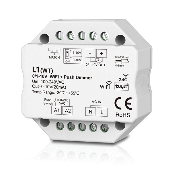 L1(WT) Skydance Tuya App 100-240V AC 1CH 0/1-10V WiFi RF Push Led Dimmer Controller